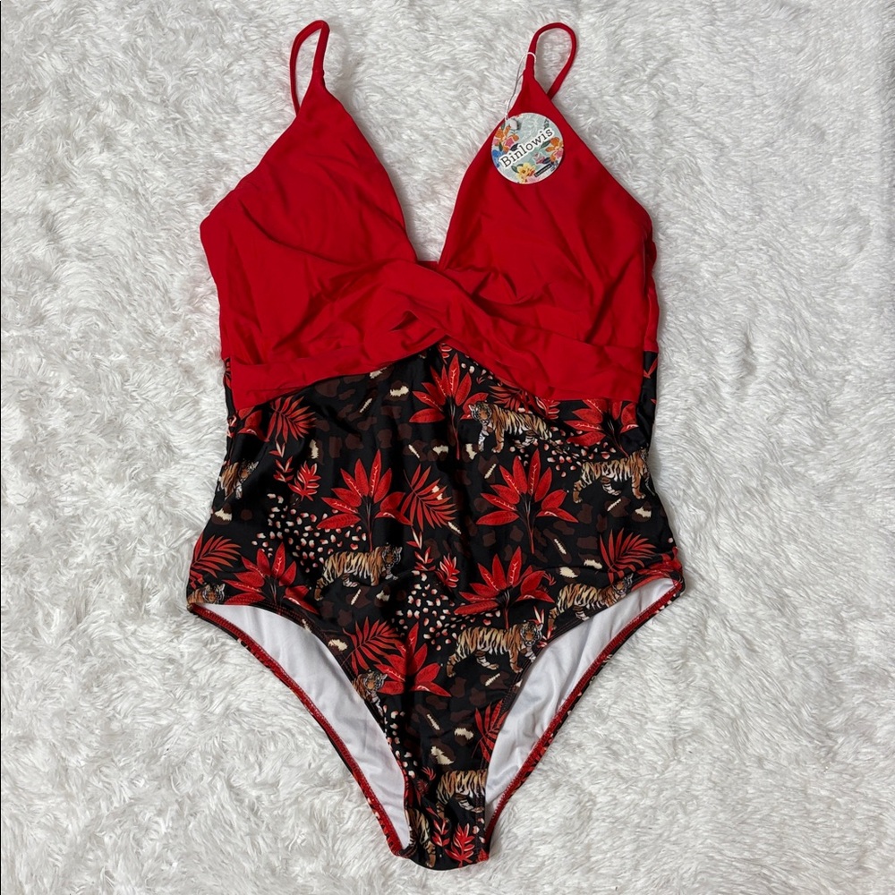 NWT Binlowis Tiger Jungle Print One Piece Swimsuit Size L
